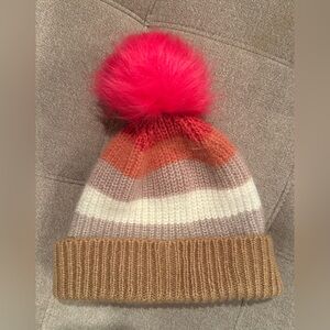 LOFT Multicolor Striped Beanie with Pink Pom-Pom
